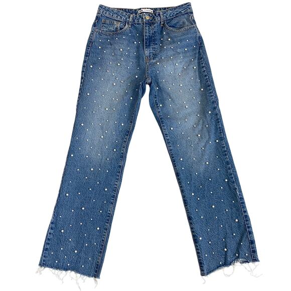 ZARA Embellished Pearl High Waist Jeans Women 10 Blue Straight Leg Raw Hem - Picture 1 of 14